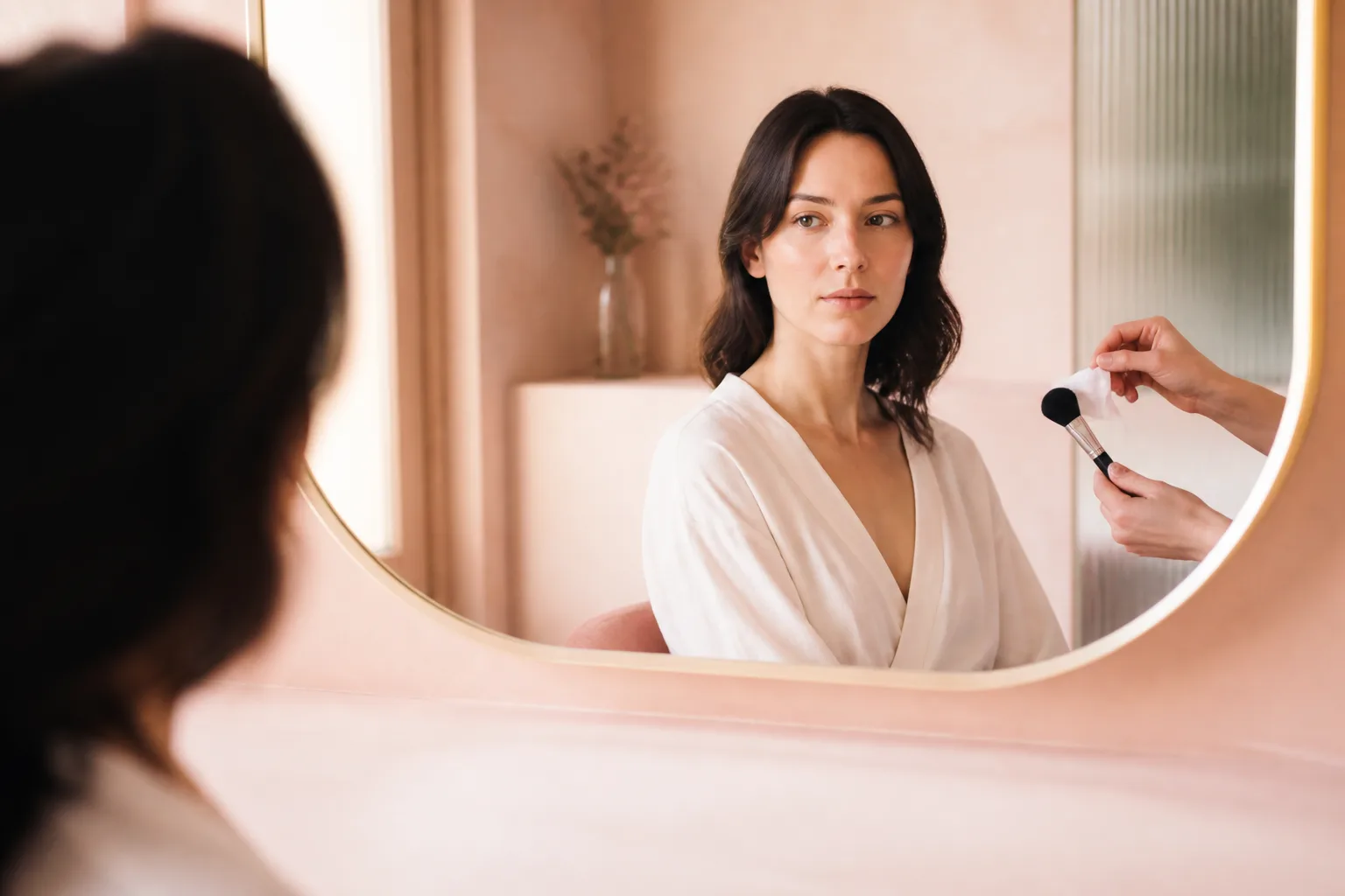 KI-generierte Editorialaufnahme eines ruhigen Spiegeltermins mit natürlichem Make-up-Licht